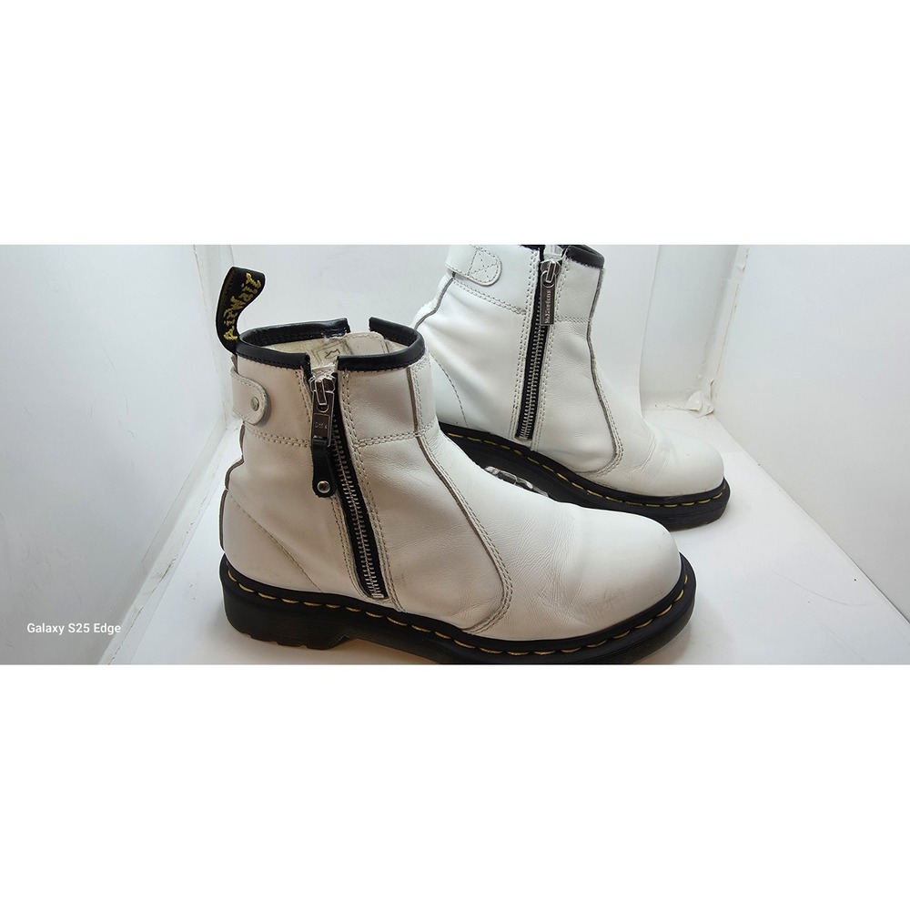 Dr. Martens White Leather Double Side Zip Ankle Boots Yellow Stitching